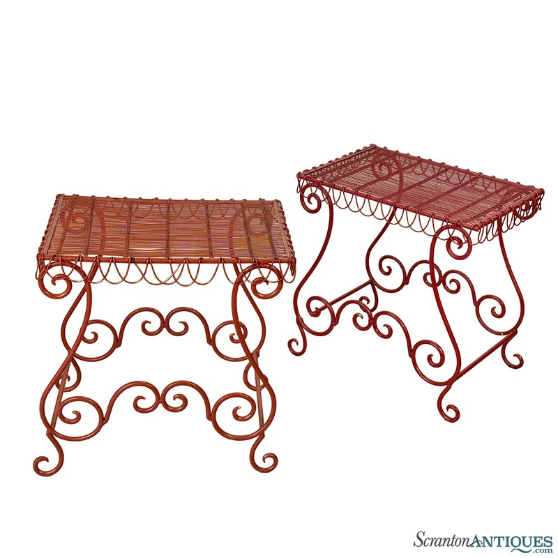 Vintage Whimsical Magenta Wrought Iron Garden Patio Side Tables – A Pair