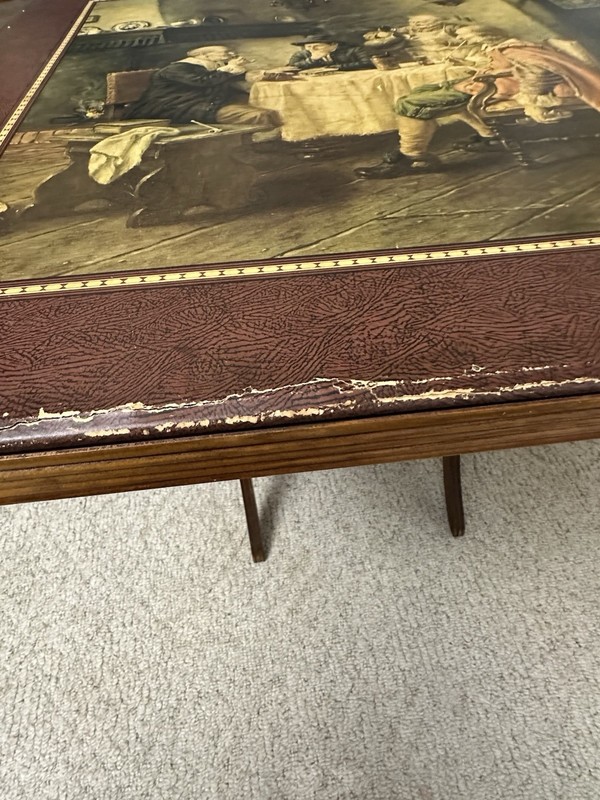 Antique Folding Card Table Tavern Scene Wood Game Table 1930s Vintage gallery