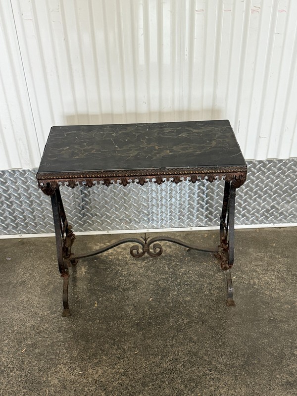 1920's Wrought Iron And Marble Top Table w Flowers gallery