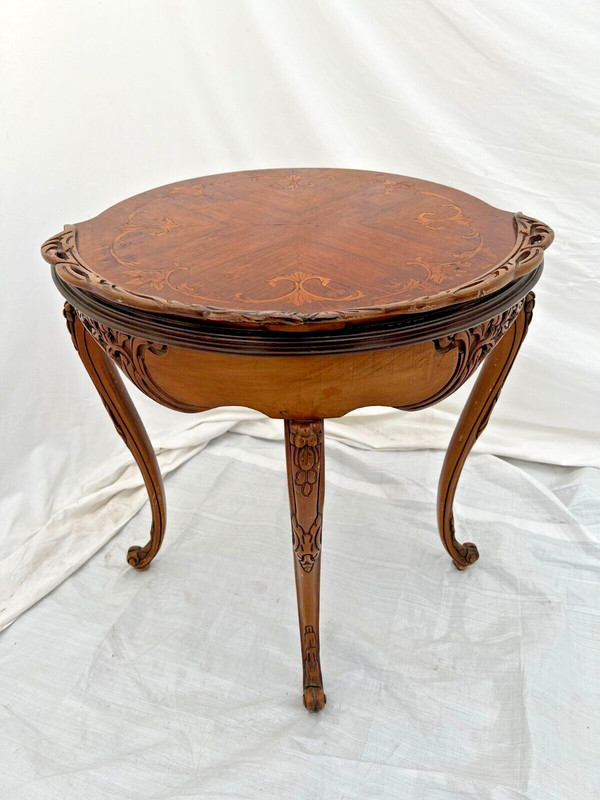Antique French Table Entry Stand Round Top Floral Hand cut Inlays and fret work gallery