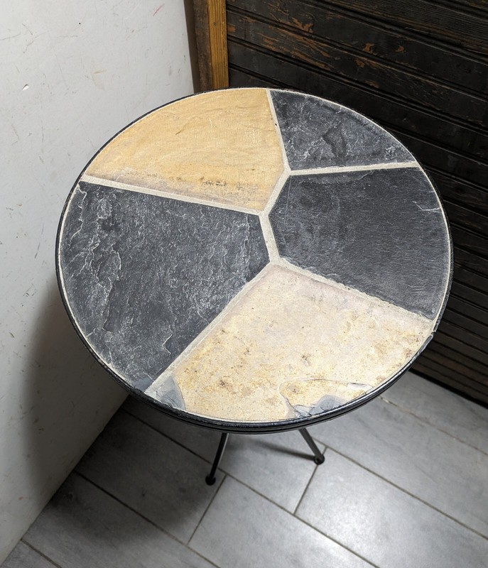 Vintage Mid Century Modern Round Slate Tile Iron Plant Stand Pedestal Table gallery