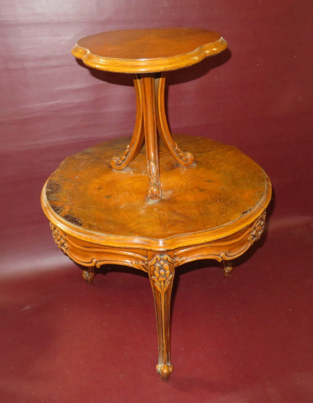 Antique 28.5" Tall American Burled Walnut Two-Tiered Occasional Table c. 1930 gallery