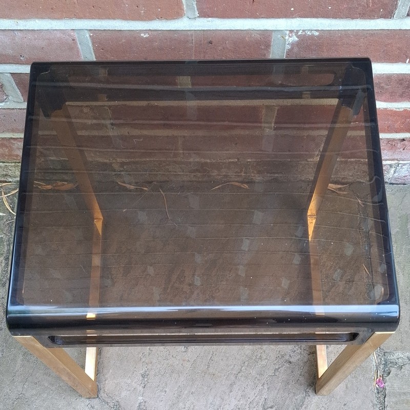 Vintage Marc Berthier for Prisunic Spaceage Brown Acrylic Gold Metal Side Table gallery