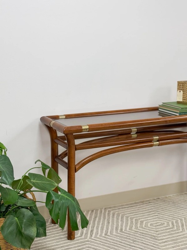 Mid Century Modern Bent Wood And Glass Console Sofa Table With Brass Inlay gallery