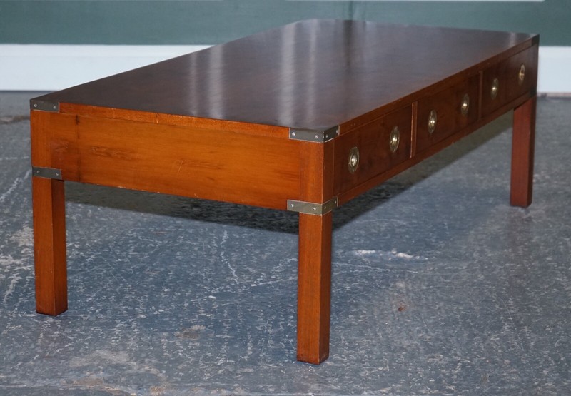 RESTORED BURR YEW & ELM BRASS MILITARY CAMPAIGN 3 DRAWER COFFEE TABLE gallery