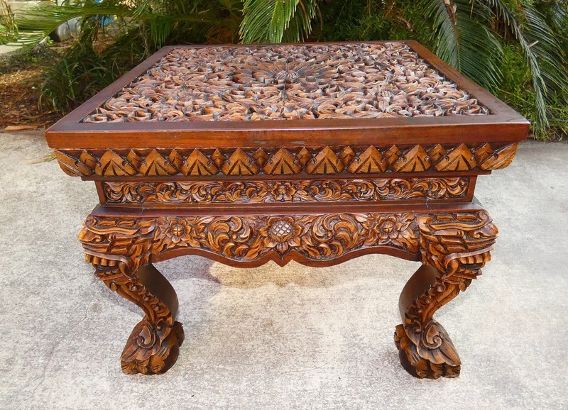 Deeply Carved Low Table, Anglo-Japan, flowers+foo dogs, pick-up Central Florida