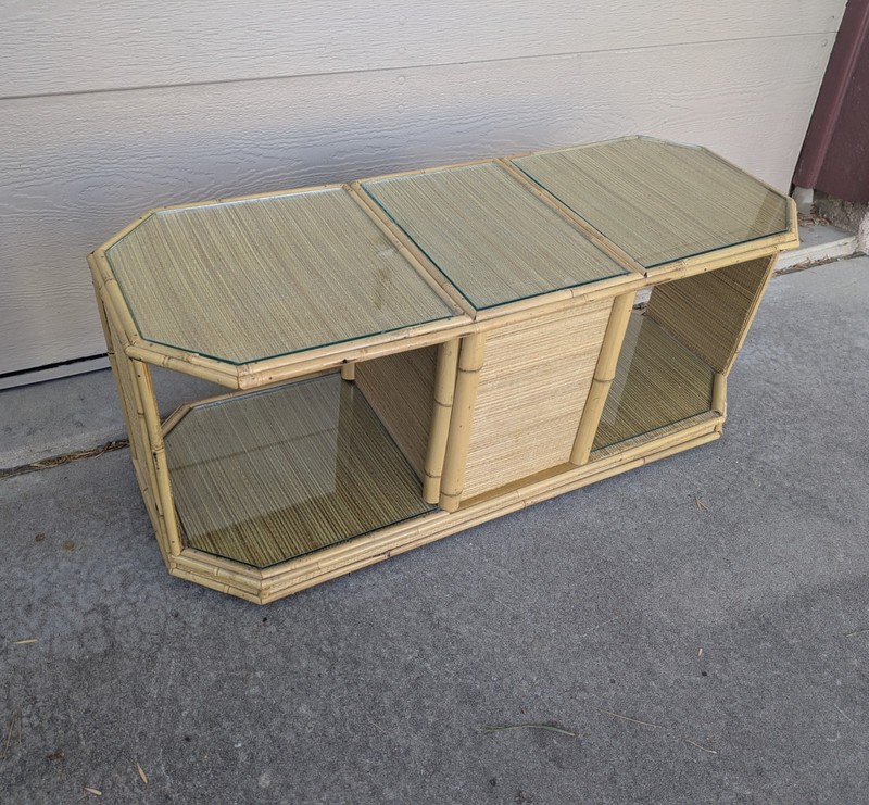 Vintage Asian Boho Chic Bamboo Wicker Rattan Rolling Coffee Table Japanese MCM F gallery