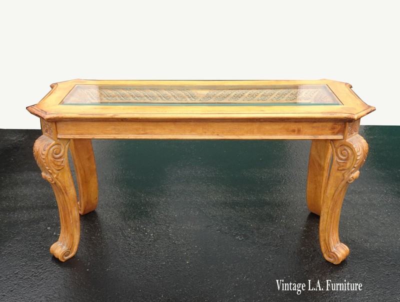 Vintage Golden Brown Entry Console Table w Beveled Glass Top ~ Cravings