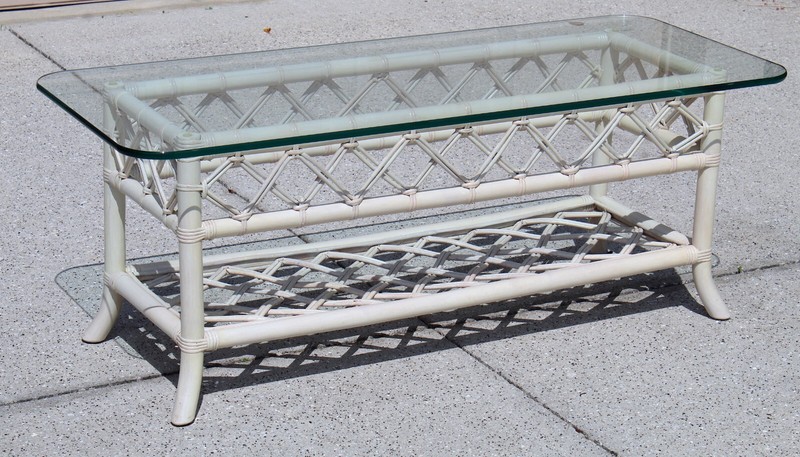 Vintage 1970s Coastal Rattan Coffee Table with Turquoise Glass Top gallery