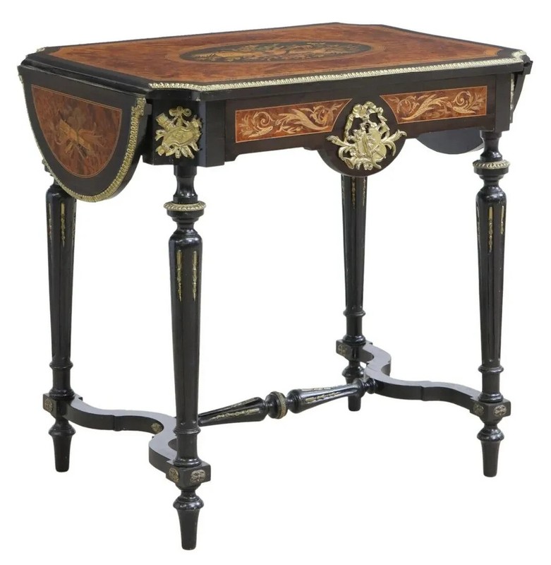 Antique Drop-Side Tables, Near Pair, French Napoleon III, Marquetry, 1800s!! gallery