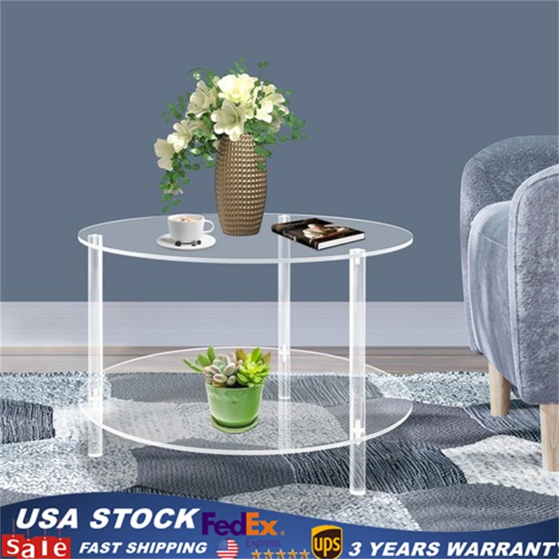 Modern Acrylic 2-tier Coffee Table Living Room Round End Table With Storage Rack