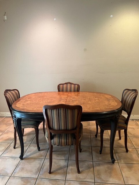 WALNUT (BURLED) DINING TABLE AND 4 MATCHING CHAIRS--ALL LOUIS XV STYLE gallery