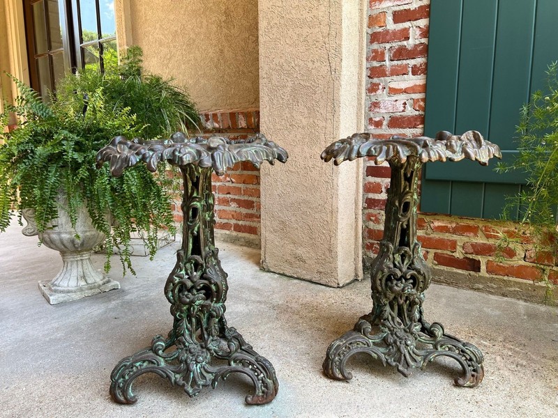 PAIR Antique French Round Side Table Grotto Rococo Cast Iron Plant Stand c1880 gallery