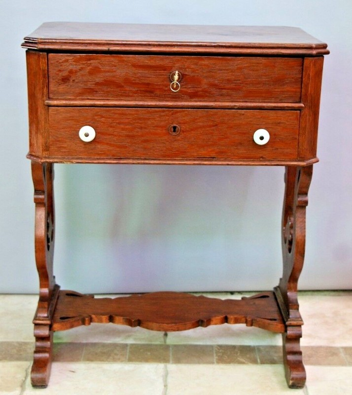 Antique Tiger Oak Victorian Sewing Work Stand Desk Two Locking Drawers with Key gallery