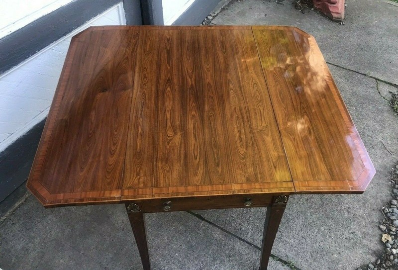 ANTIQUE EUROPEAN ROSEWOOD DROP LEAF SABRE LEG TABLE 2 DRAWER STAND gallery