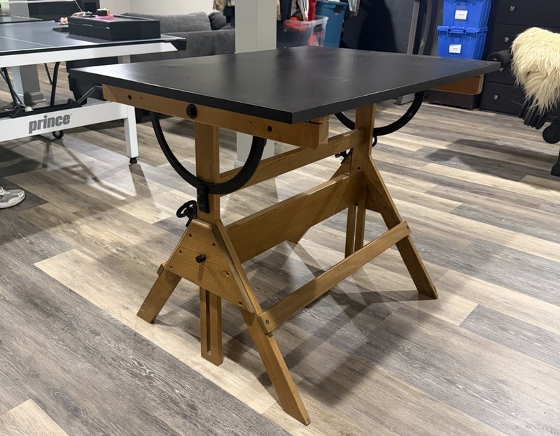 VINTAGE CAST IRON AND WOOD DRAFTING TABLE/DESK C.1950 41x32" rare Adjustable gallery