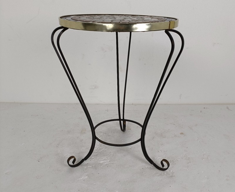 Side Round Table Plant stand Ceramic Tiles Mosaic wrought Iron Legs lovely vint gallery