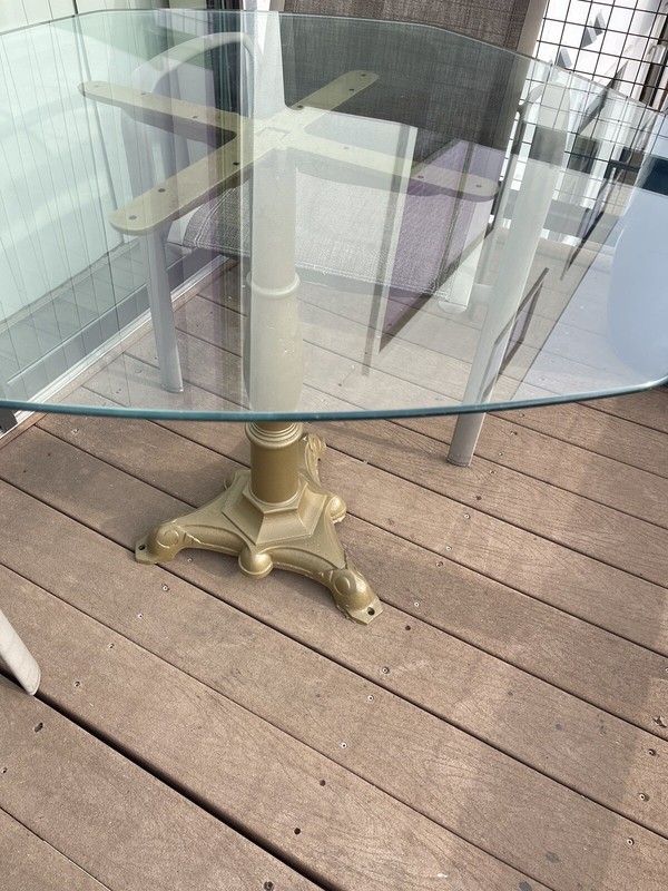 Antique Bistro Table w 39” Hexagon Glass Top Resting On 29-1/2” Cast Iron Base gallery