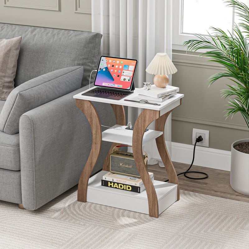 3-Tier Night Stand with USB Ports & Outlets Storage Shelf End Side Table White gallery