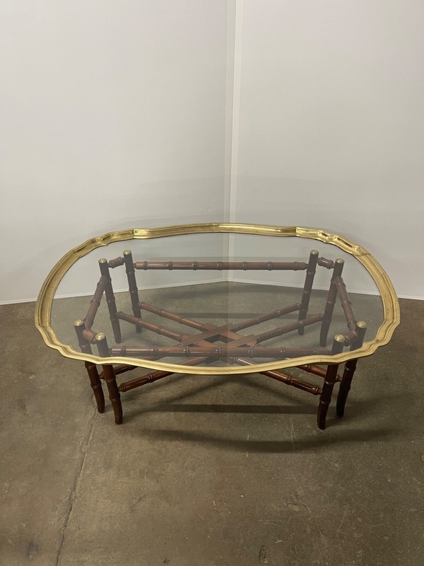 Late 20th Century Hollywood Regency Style Faux-Bamboo Brass and Glass Tray-Top C gallery