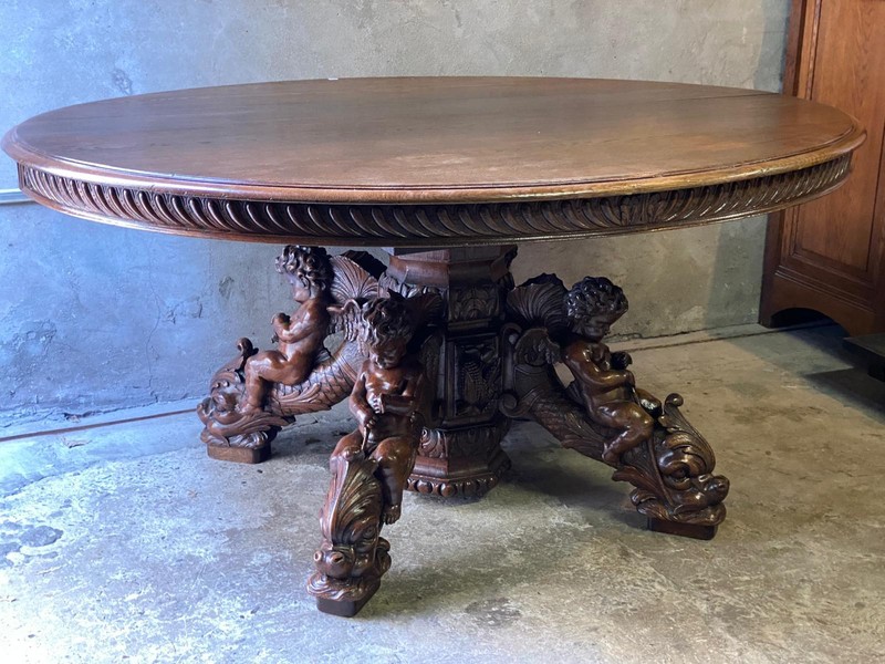 ARRIVES MARCH 2025: Large Antique French Dolphin/Cherub Dining Table with Leaf