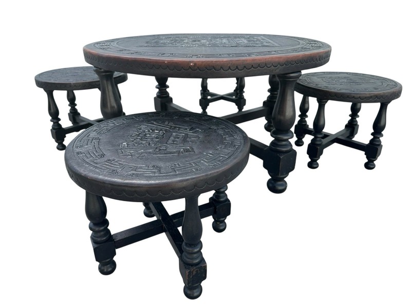Angel Pazimo Leather & Wood Coffee Table With 4 Chairs, Aztec, Local Pickup Only gallery