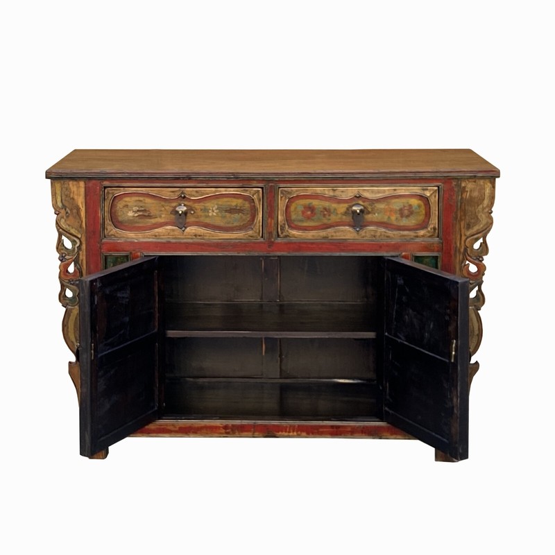Chinese Distressed Mustard Yellow Red Flower Sideboard Credenza Cabinet cs7742 gallery