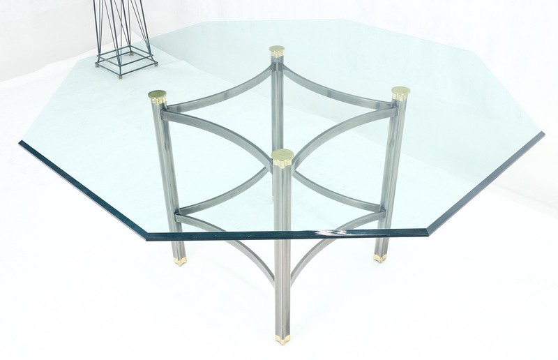 Mid Century Modern 60" Octagon 3/4" bevel Glass Top Brass Base Dining Table MINT gallery