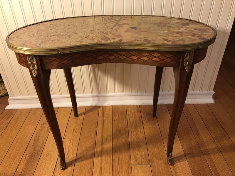 An Antique French Louis XV Kidney Table With Parquetry And Ormolu Bronze C. 1920