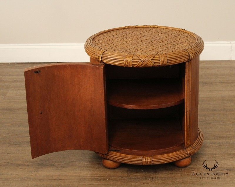 Bamboo and Rattan Circular Glass Top Drum Style Side Table gallery