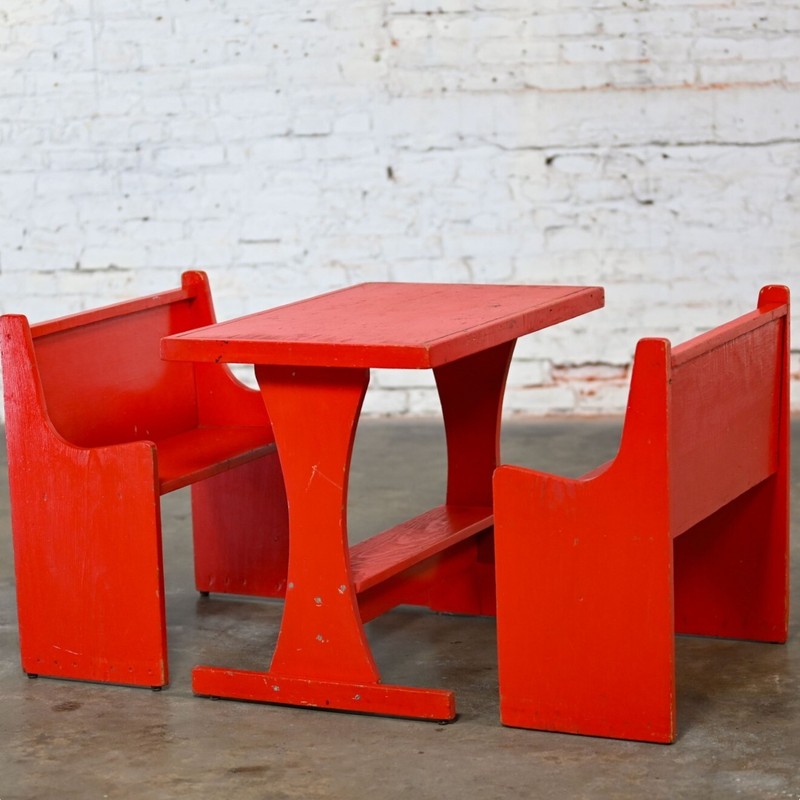 Rustic Red Children’s Hand Crafted Wood Diner Style Table & 2 Benches Set gallery