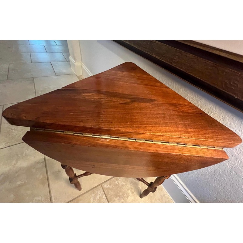 Antique Victorian Cloverleaf Drop Leaf Side Table Walnut Triangular 1800s gallery