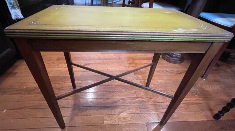 Leather Topped card side table 24 carot gold leaf tooling hand embossed blind