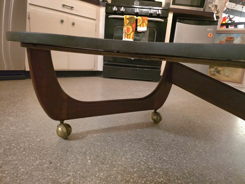 Mid-Century Modern Heavy Slate Boomerang Kidney Coffee Table w/ Brass Casters gallery