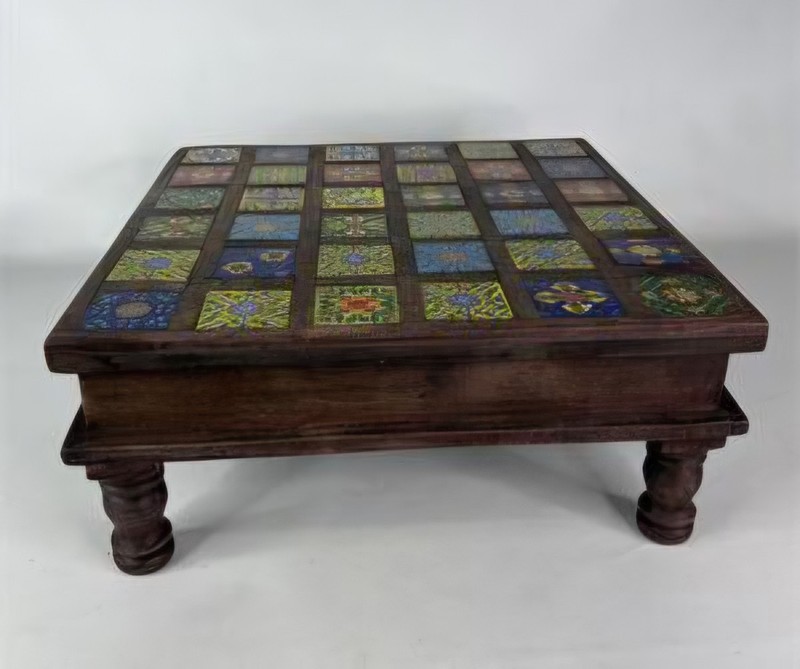 Vintage Handmade Mosaic Tile Wood Pedestal Table 18x18 Boho Folk Art Plant Stand gallery