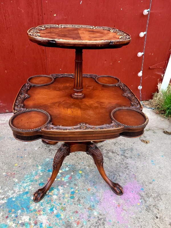 Antique  two tier occasional  table with  beautiful  carved wood gallery