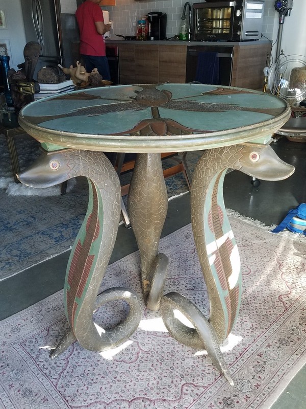 AMAZING ANTIQUE CARVED BLACK FOREST GERMAN PAINTED WOOD SERPENT / SNAKE TABLE gallery