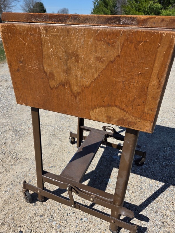 VTG MCM Hi-Lo Typewriter Stand Metalstand Industrial Rolling Table Metal & Wood gallery