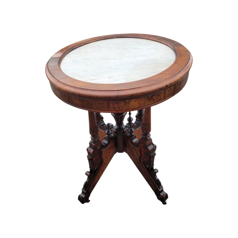 19th C American Victorian Walnut Marble Top Parlor Center Table Antique gallery