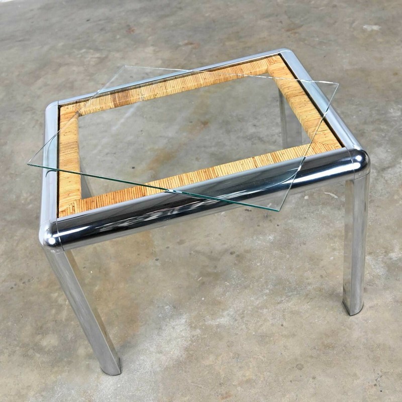 Vintage Modern Rectangular Chrome Glass & Wrapped Rattan Side Table Attr to DIA gallery