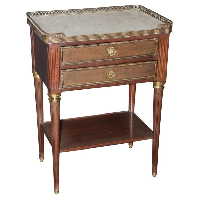 Time-worn Marble Top French Louis XVI Brass trimmed Nightstand Table