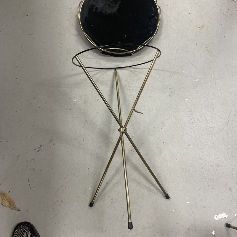 Pair Of Brass And Black Mid Century MCM Round Metal Outdoor Tripod End Tables gallery