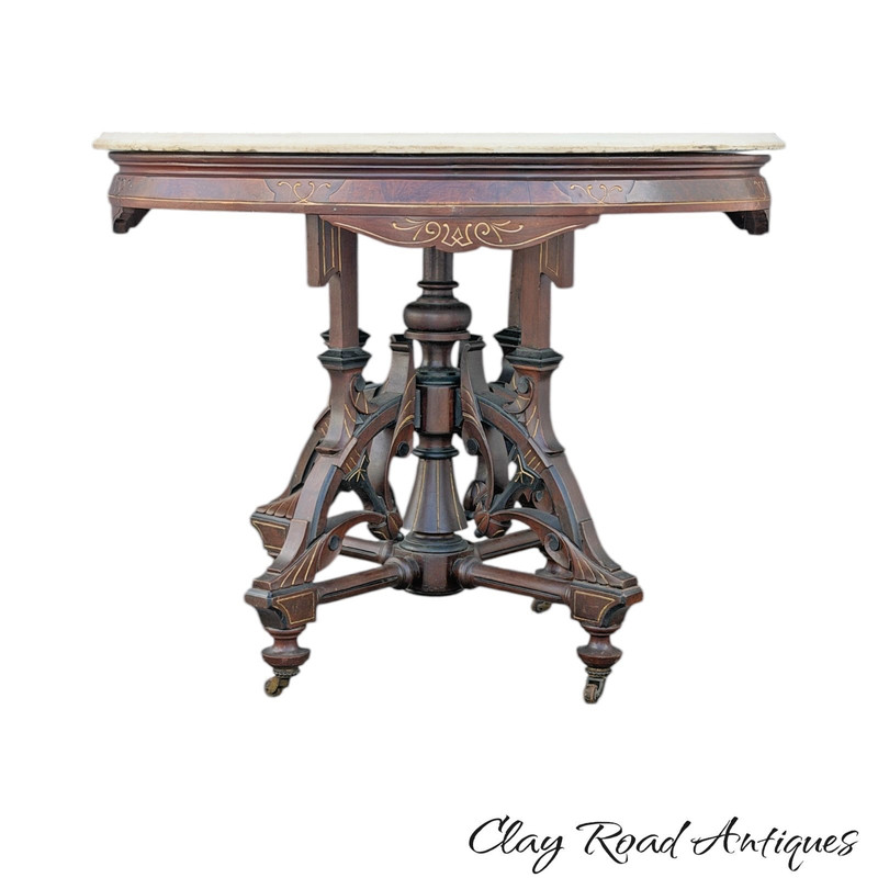 antique large center marble top victorian table ebonized parcel gilt walnut 1870