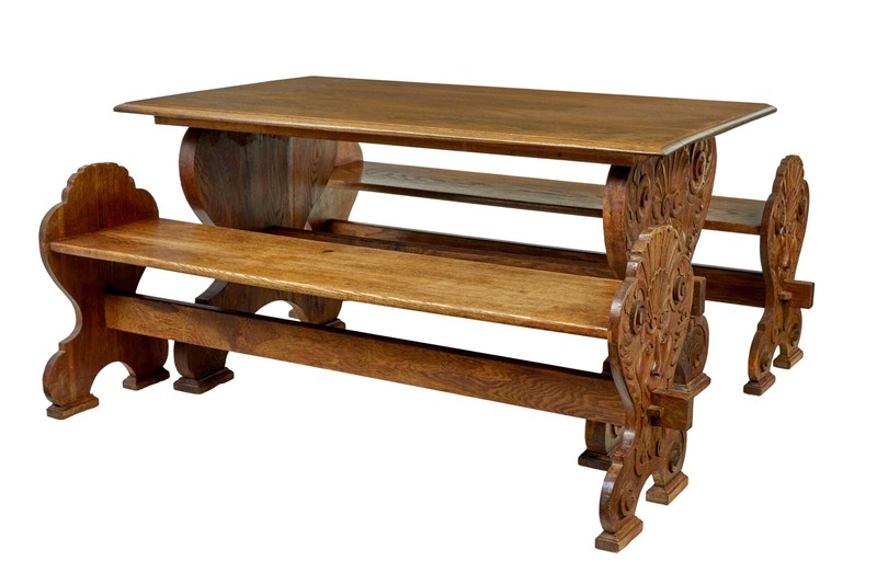 FLEMISH 19TH CENTURY CARVED OAK GOTHIC REVIVAL DINING TABLE AND BENCHES