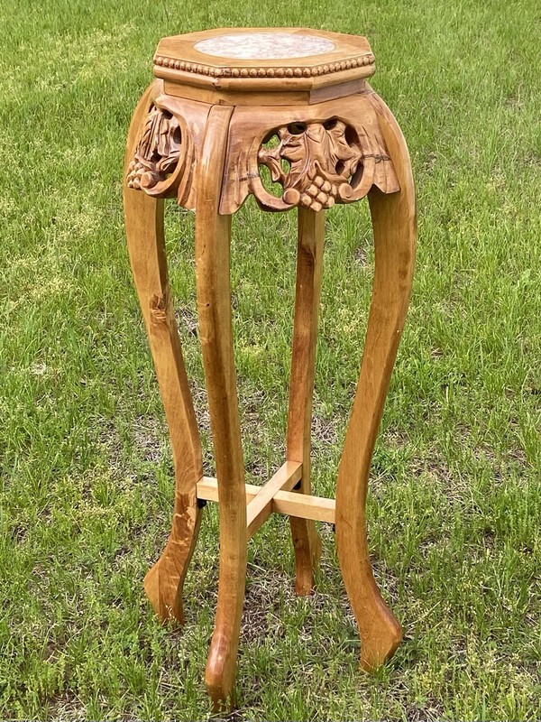 Mid Century Chinoiserie Carved Wood Marble Top Plant Stand Pedestal Table