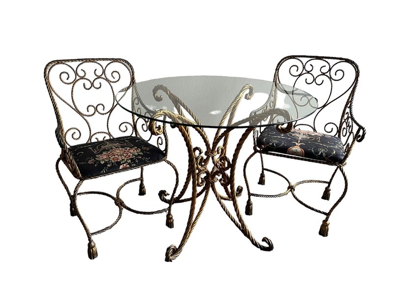 Vintage 1940's Italian ROPE & TASSEL Iron GOLD GILT Hollywood Regency Dining Set gallery