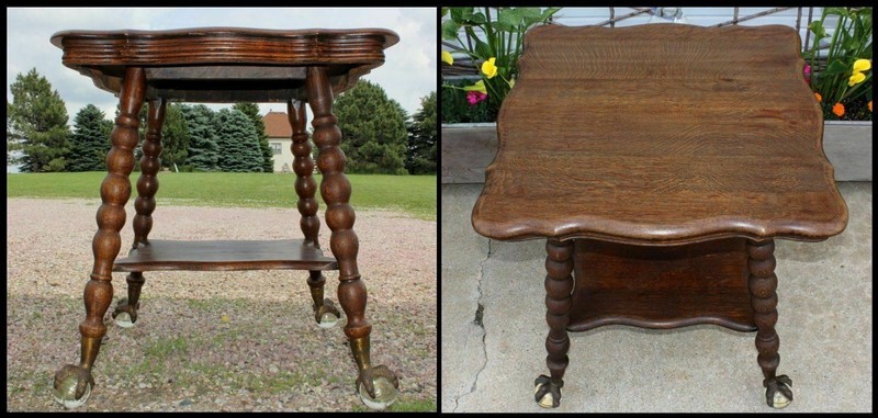 Carved Quartersawn Oak Parlor Lamp Table HUGE Glass Ball Eagle Clawfoot Antique
