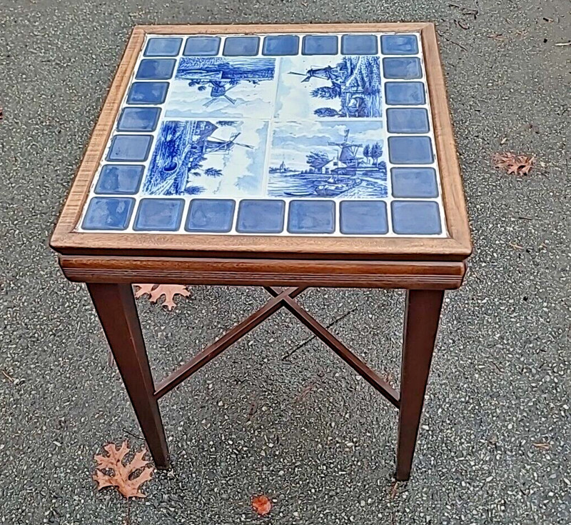 Blue Delft Windmill Tile Table Wood Porcelain Side Tea Furniture Trivets Dutch