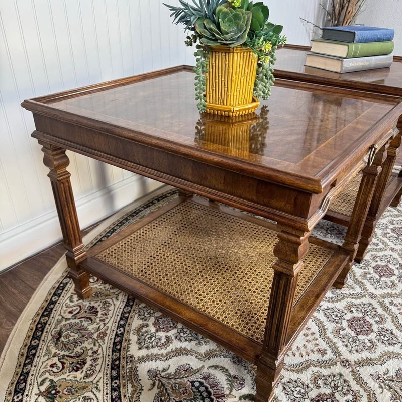 Pair Mid-Century Vintage Drexel Walnut and Cane End Tables gallery