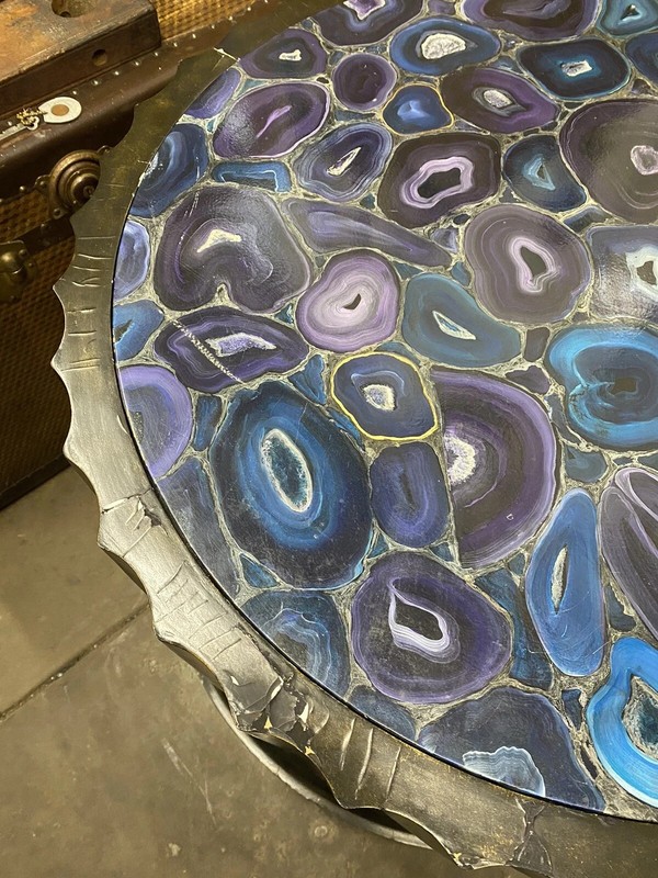 Large Custom Wooden Fluted Column Pedestal w/ Faux Purple Agate Painted Top Pair gallery